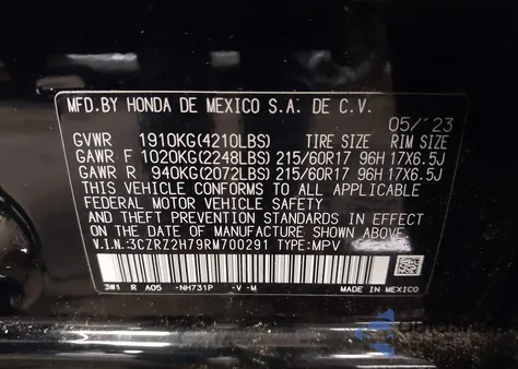 2024 Honda Hr-V Awd Ex-L/Awd Ex-L W/O Bsi z USA, uszkodzony, nr VIN 3CZRZ2H79RM700291